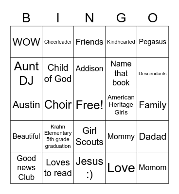Addison Graduation Party Bingo Card