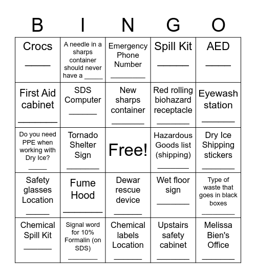 Safety Bingo Card