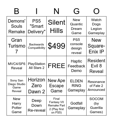 PS5 Reveal Event Bingo Card