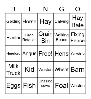 Agriculture BINGO Weston/Touhy Bingo Card