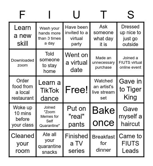 Quarantine Bingo Card