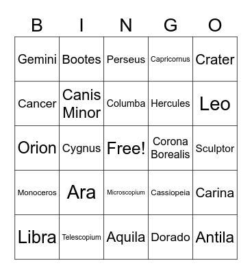 Constellations Bingo Card