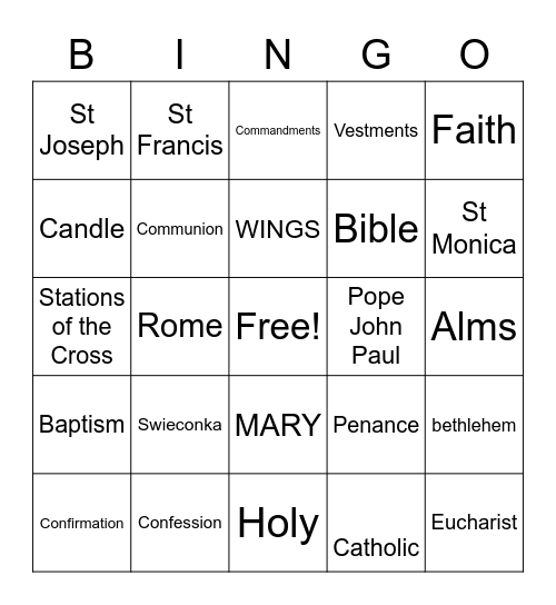 Catholic Strong Bingo Card