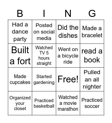 Quarantine Bingo Activites Bingo Card