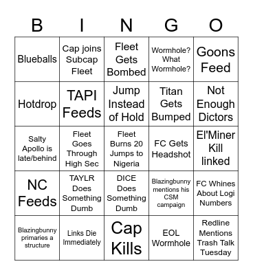 US TZ Fleets Bingo Card