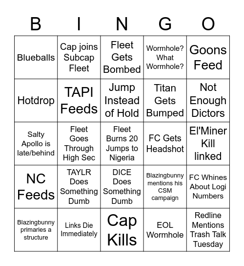 US TZ Fleets Bingo Card