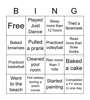 Quarantine Activity bingo Card
