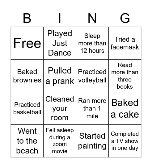 Quarantine Activity bingo Card