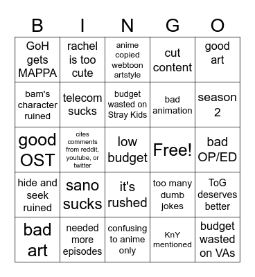 webtoon anime discussion bingo Card