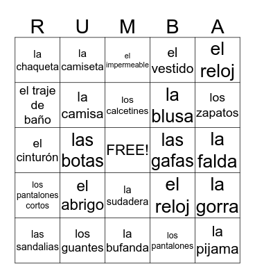 La Ropa Bingo Card