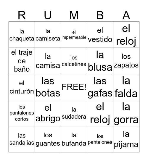 La Ropa Bingo Card