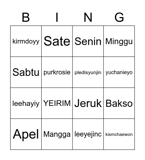 Housemate Bingo Card
