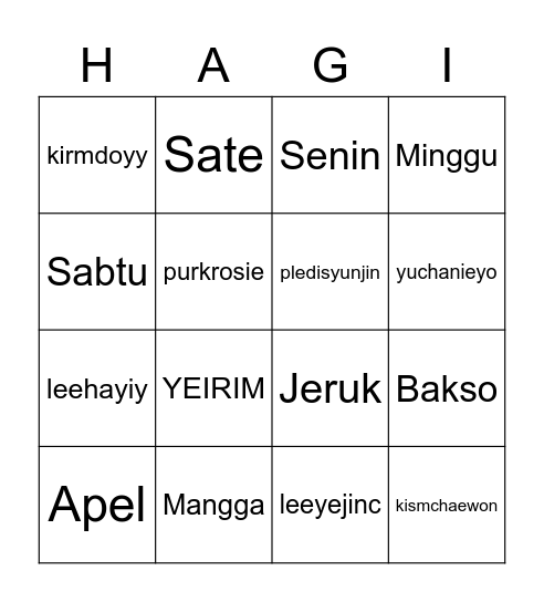 Housemate Bingo Card