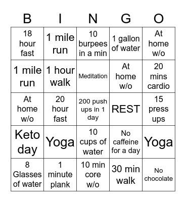Family Fitness Bingo Card