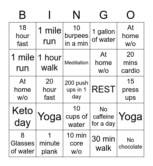 Family Fitness Bingo Card