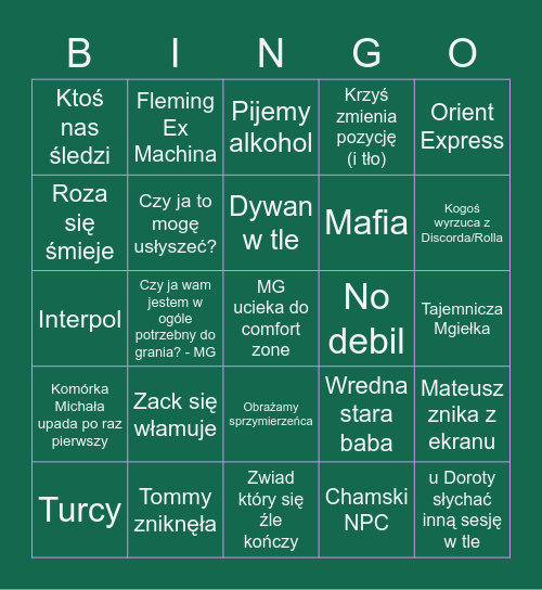 Orient Express Bingo Card