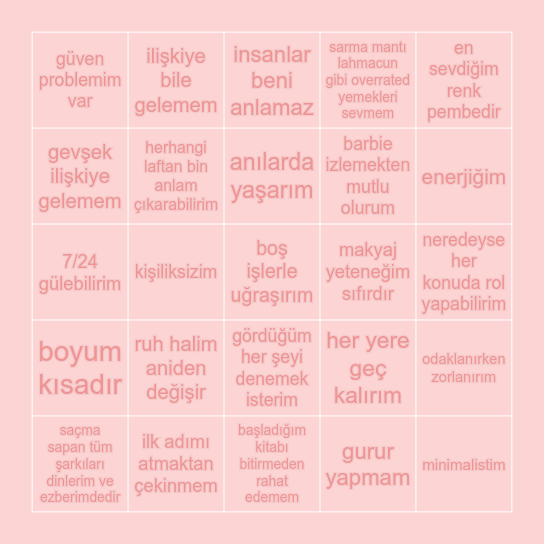 Ne Kadar büsesin Testi Bingo Card