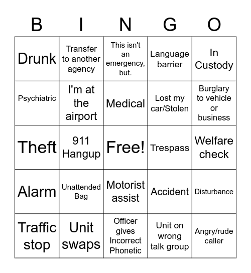 Airport 911 Bingo Card