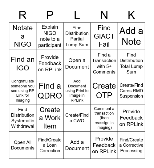 RPLink Engagement Bingo Card