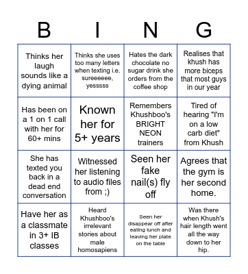 All about Khushboo! Bingo Card