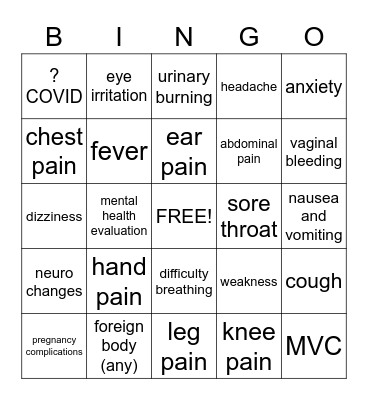 Chief Complaint Bingo Card