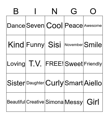 Simona Bingo Game Bingo Card