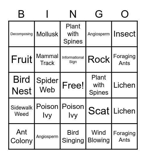 Nature Park Walk Bingo Card