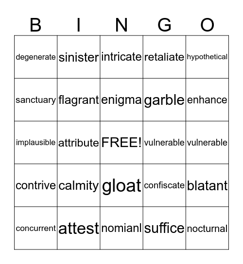 UNIT TWO VOCABULARY Bingo Card