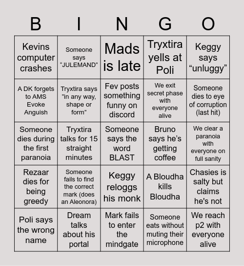 Slightly Bingo Card