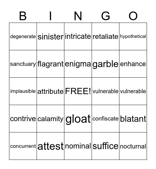 UNIT TWO VOCABULARY Bingo Card