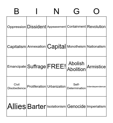 Regents Vocabulary #1 Bingo Card