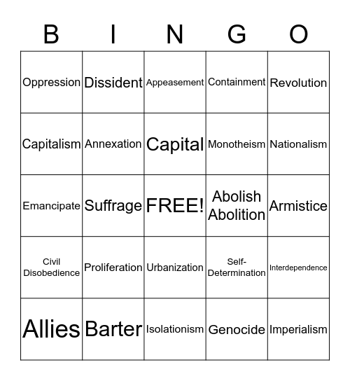 Regents Vocabulary #1 Bingo Card