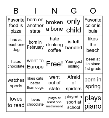 Get to Know you bingo Card