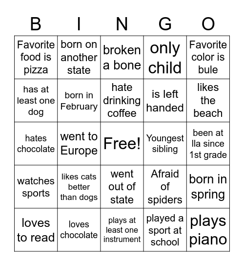 Get to Know you bingo Card