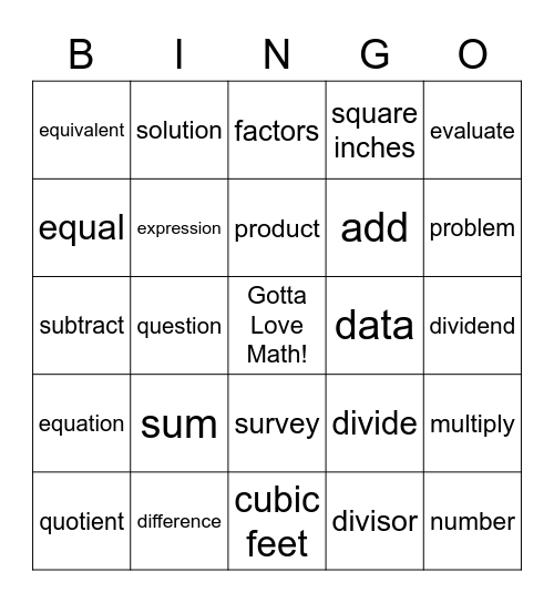 Math Vocabulary Bingo Card