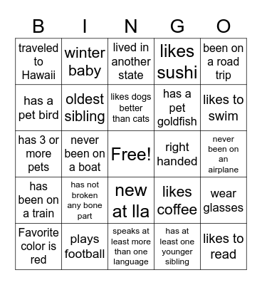 Get to know You Bingo Card