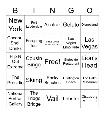 JLN Lee Cousin Bingo Travel Bingo Card