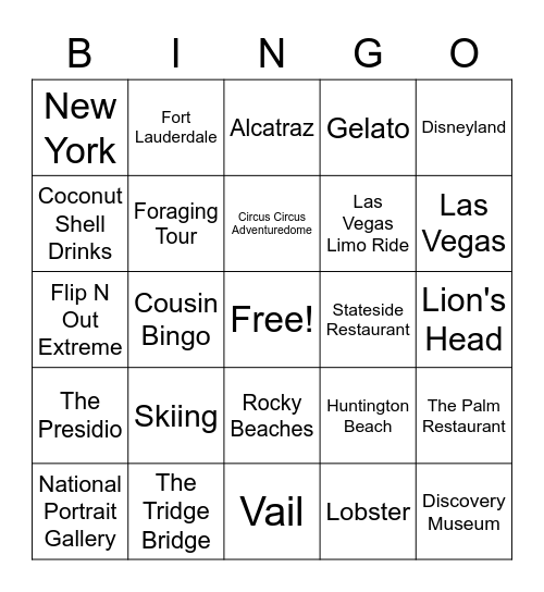 JLN Lee Cousin Bingo Travel Bingo Card