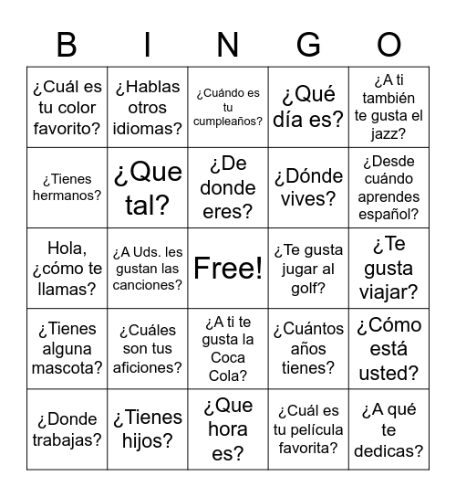 Espanol Bingo Card