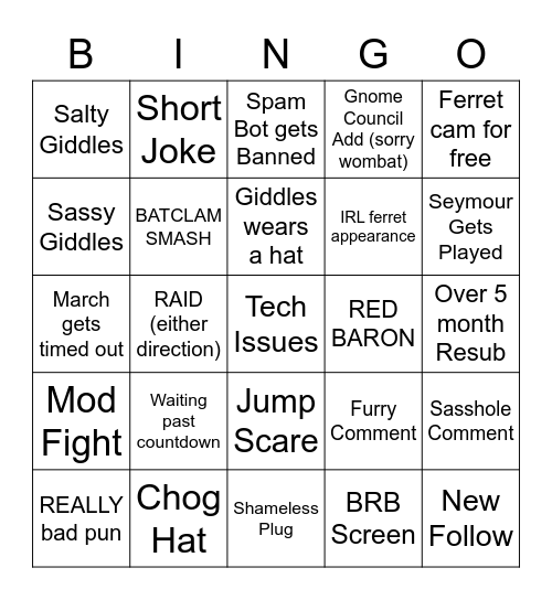 Fierce Ferret Strim Stram Bingo Card