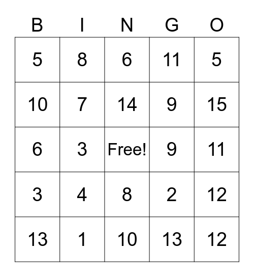 Bingo 1-15 Bingo Card