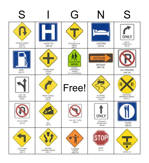 Road Signs Bingo Card