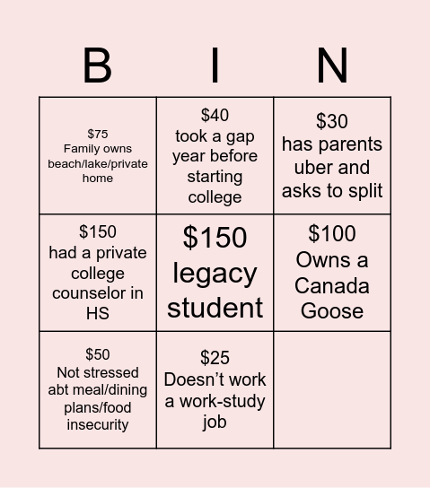 Class Privilege Bingo Card