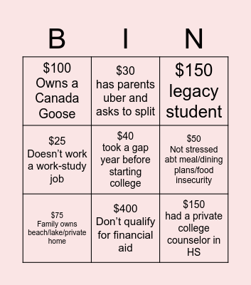 Class Privilege Bingo Card