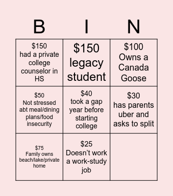 Class Privilege Bingo Card