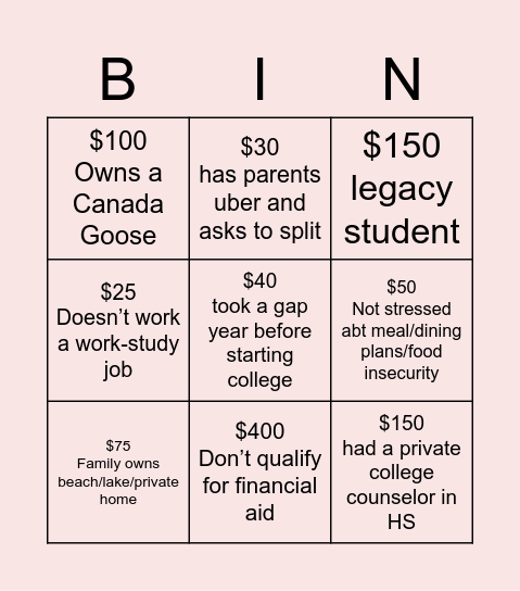 Class Privilege Bingo Card