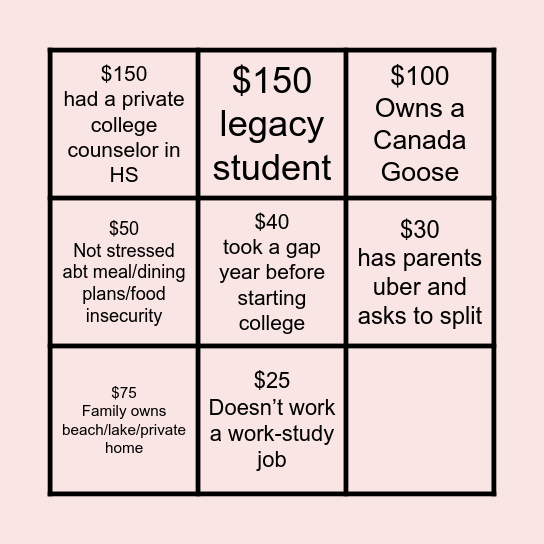 Class Privilege Bingo Card