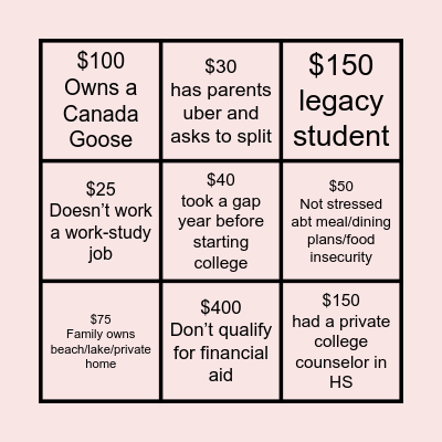 Class Privilege Bingo Card