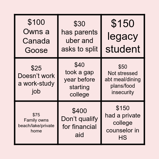 Class Privilege Bingo Card