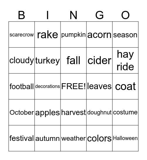 Mt. Pleasant Fall Bingo Game Bingo Card
